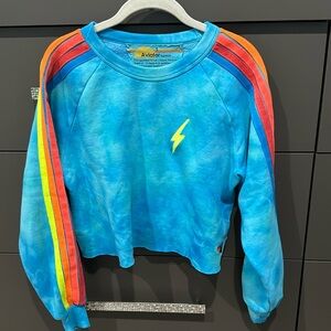 Aviator Nation cropped Blue Lightening Bolt crewneck neon stripes- Size Medium